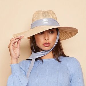 Eugenia Kim Cassidy straw hat with ice blue silk scarf. NWT packable hat